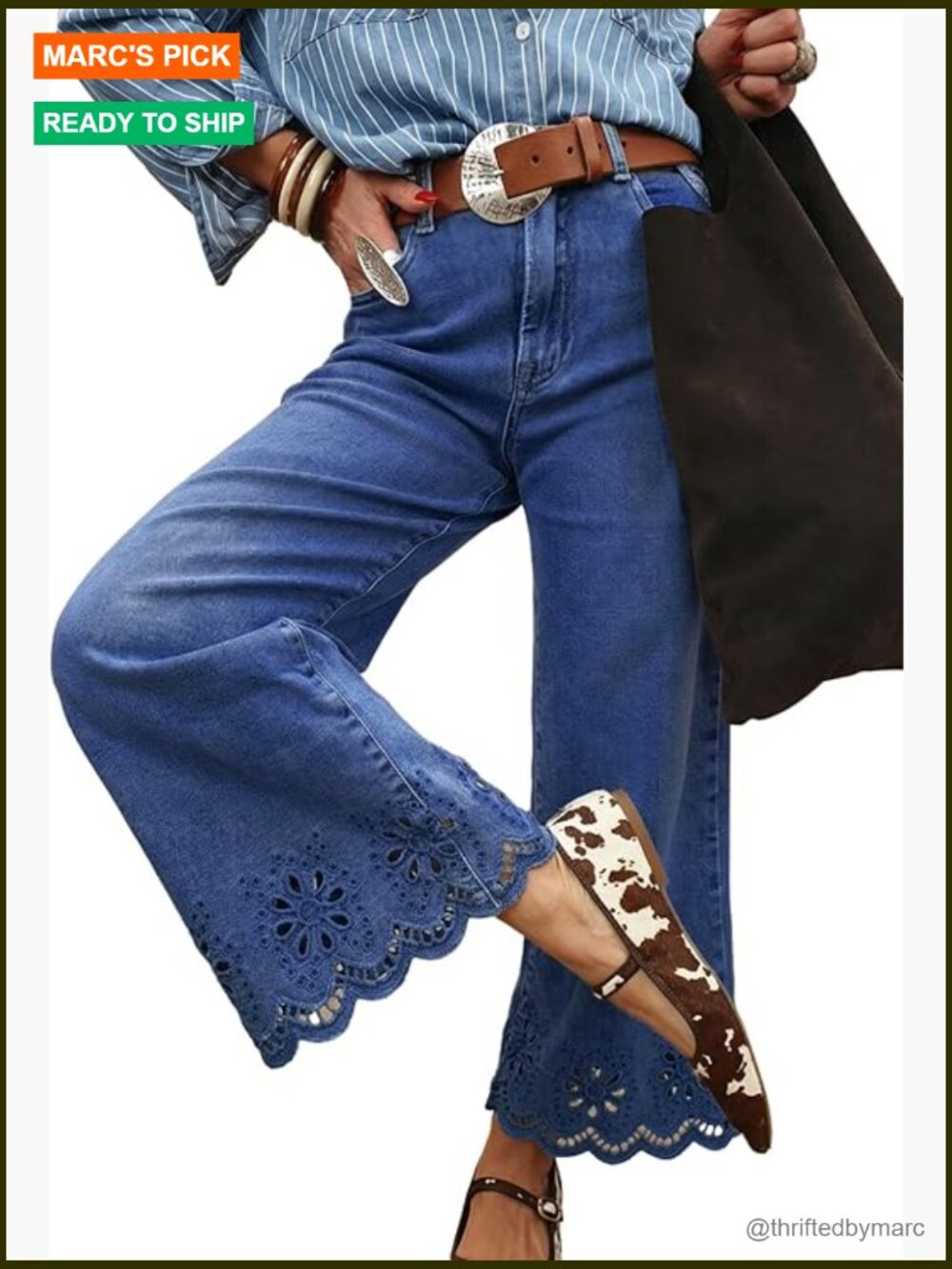 Wide Leg Embroidered Jeans High Waisted Stretchy Straight Loose Fit Ankle Denim - Picture 1 of 7